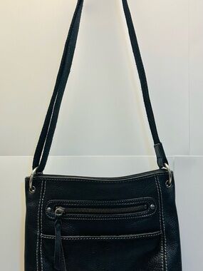 The Sak Black Leather Shoulder Bag with Front Zip Pocket